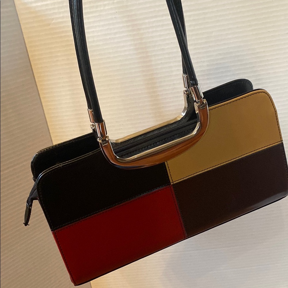 Retro colorblock black brown red tan silver tone hardware purse handbag 12x6.5”